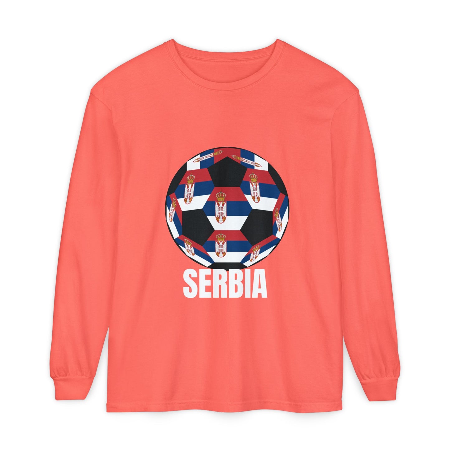 Serbia Fan Specialty Soccer Ball Design T Shirt Long Sleeve Tee White Text