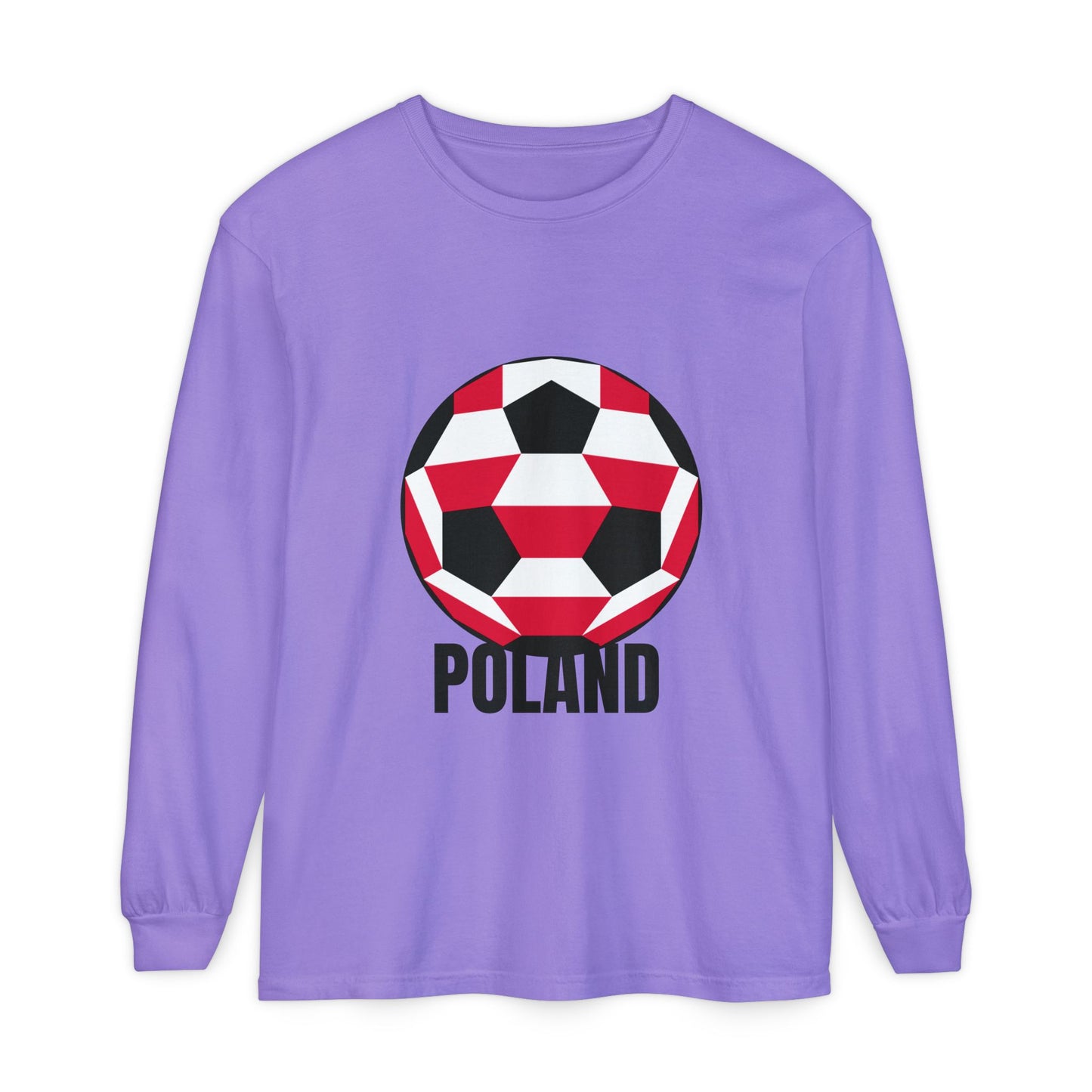 Poland Fan Specialty Soccer Ball Design T Shirt Long Sleeve Shirt Black Text