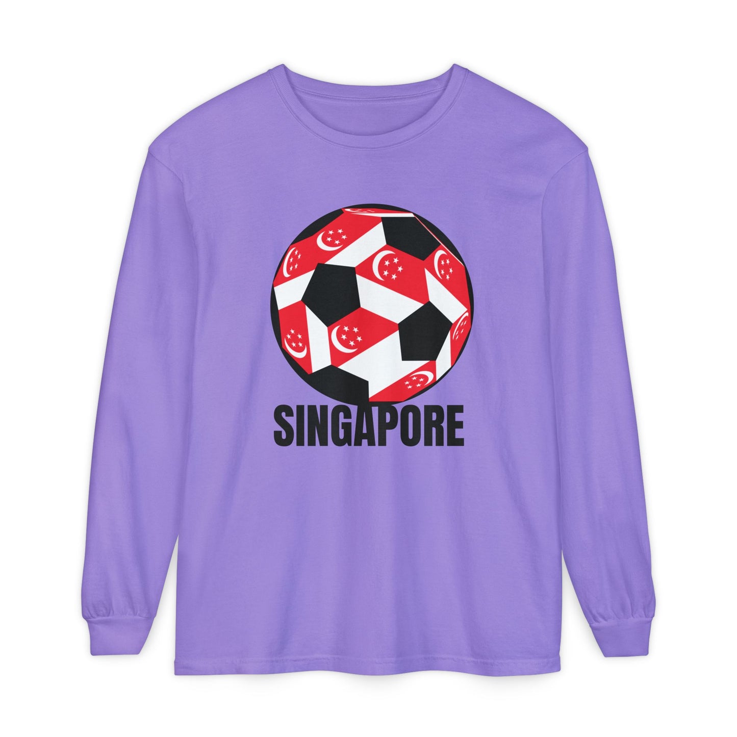 Singapore Fan Specialty Soccer Ball Design T Shirt Long Sleeve Tee Black Text