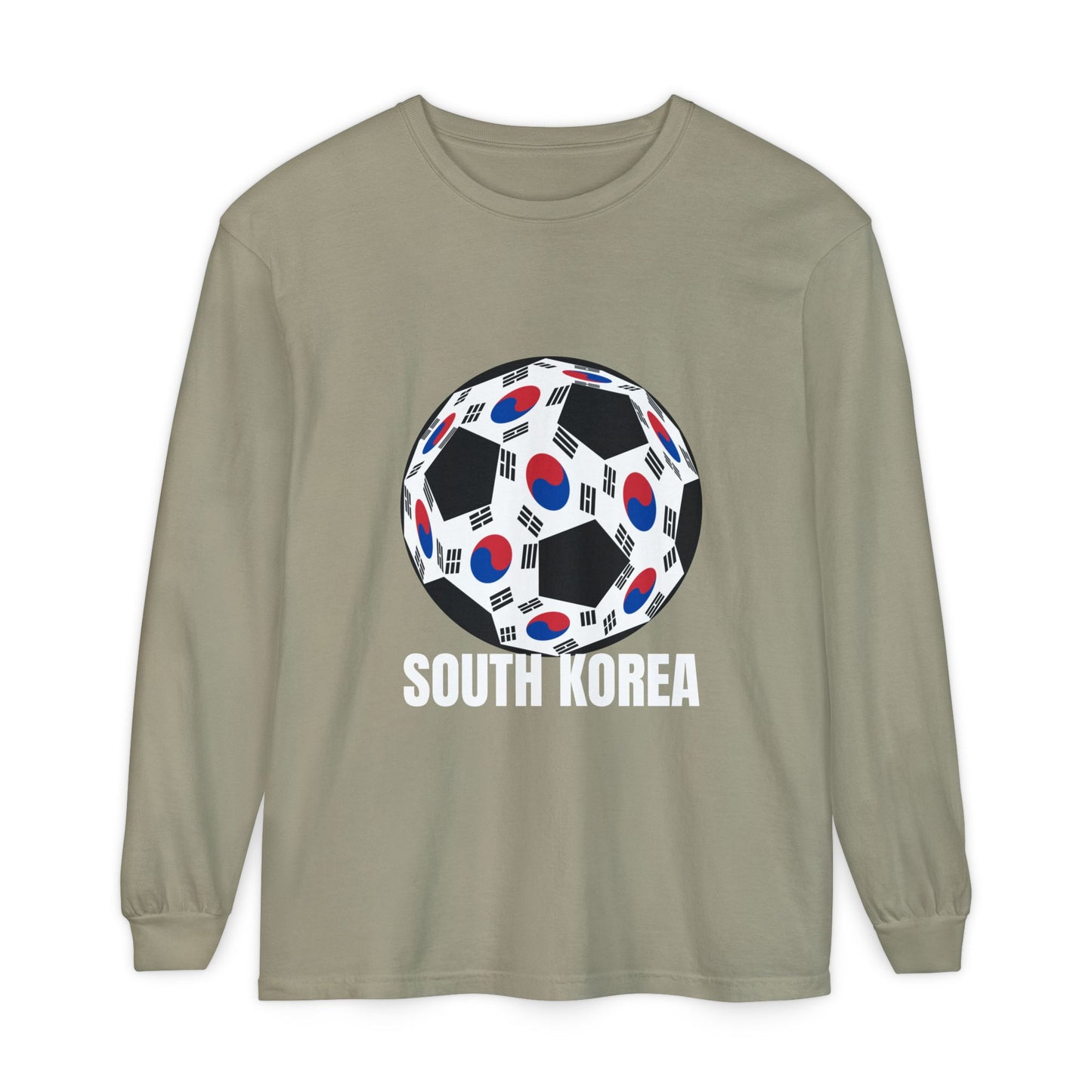 South Korea Fan Specialty Soccer Ball Design T Shirt Long Sleeve Tee White Text