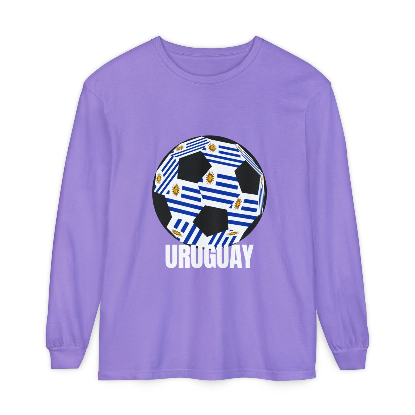 Uruguay Fan Specialty Soccer Ball Design Long Sleeve T‑Shirt White Text