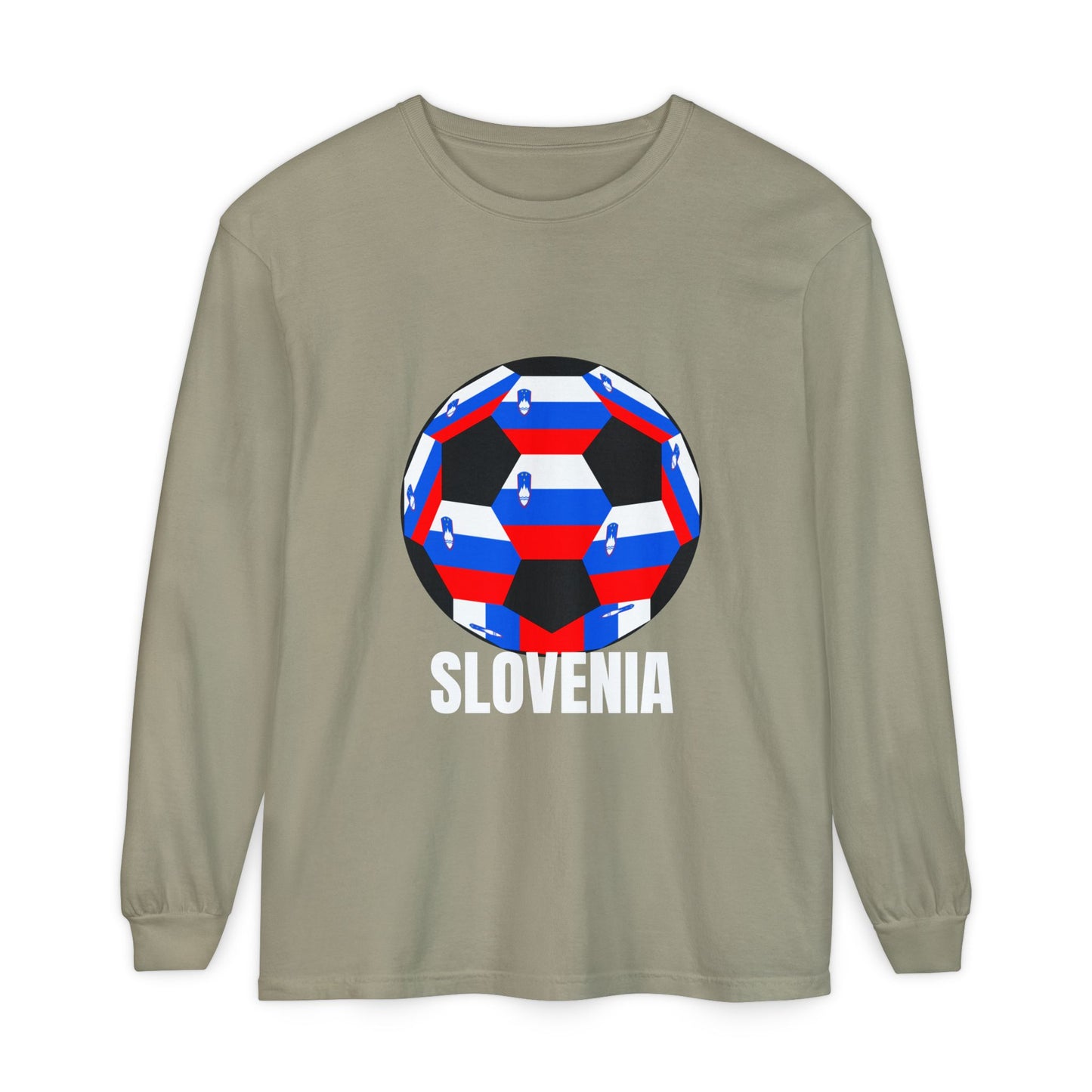 Slovenia Fan Specialty Soccer Ball Design T Shirt Long Sleeve Shirt White Text