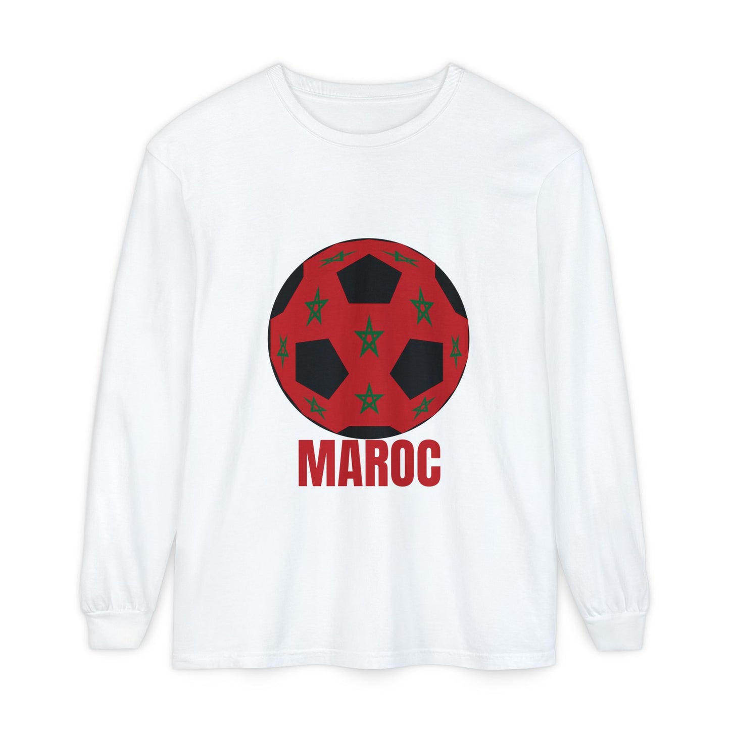 Morocco Maroc Fan Specialty Soccer Ball Design T Shirt Long Sleeve Tee Red Print