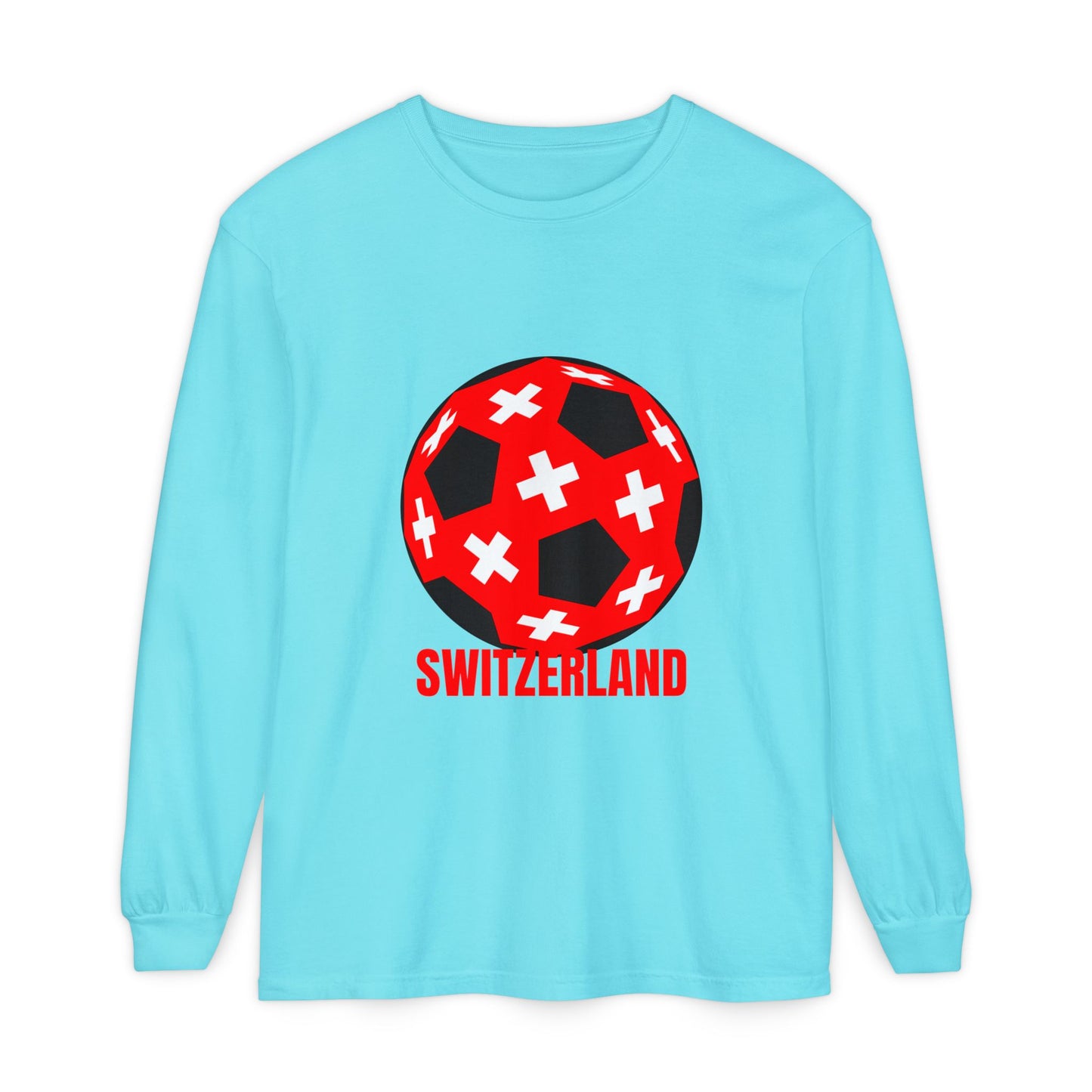 Switzerland Fan Specialty Soccer Ball Design T Shirt Long Sleeve Tee Red Text