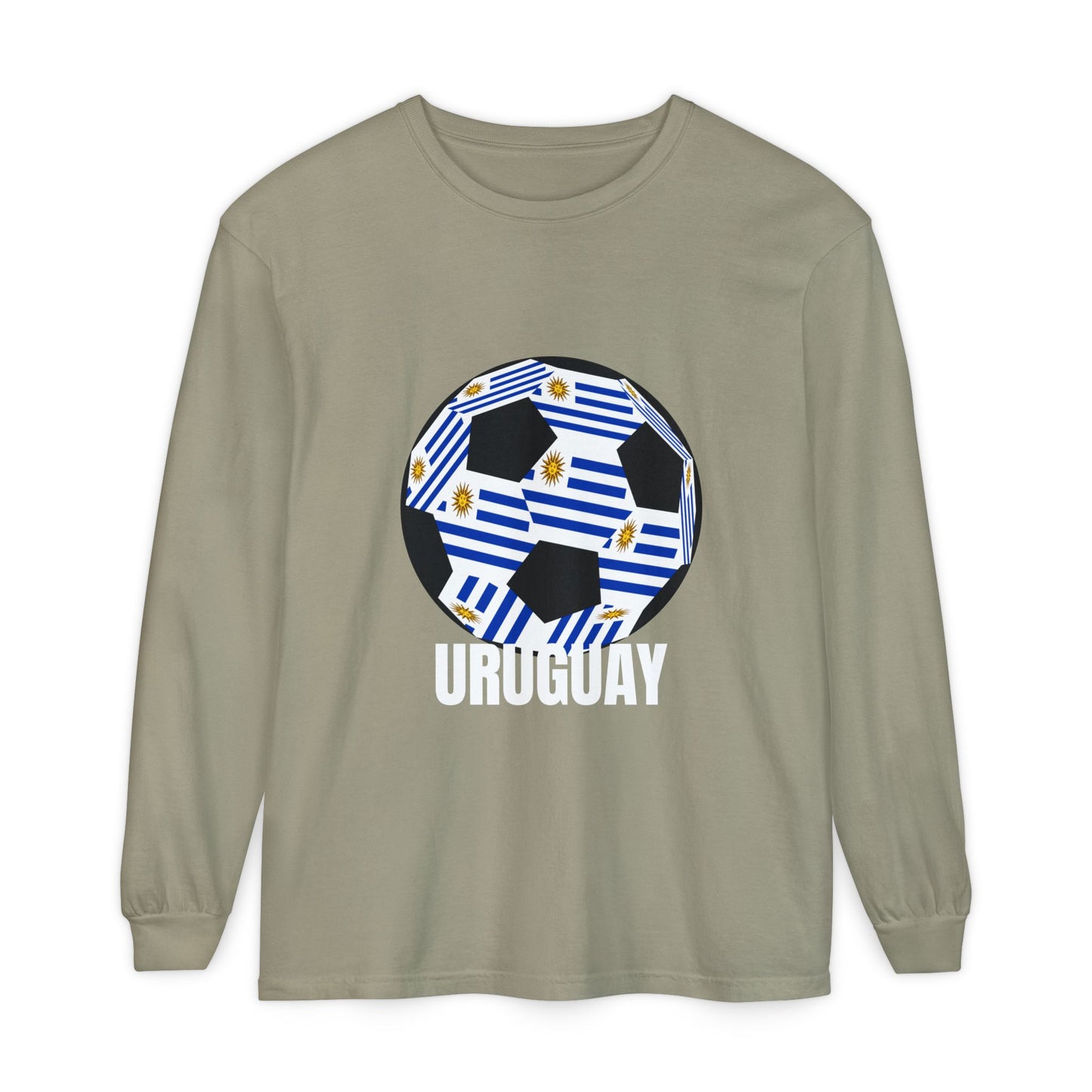 Uruguay Fan Specialty Soccer Ball Design Long Sleeve T‑Shirt White Text