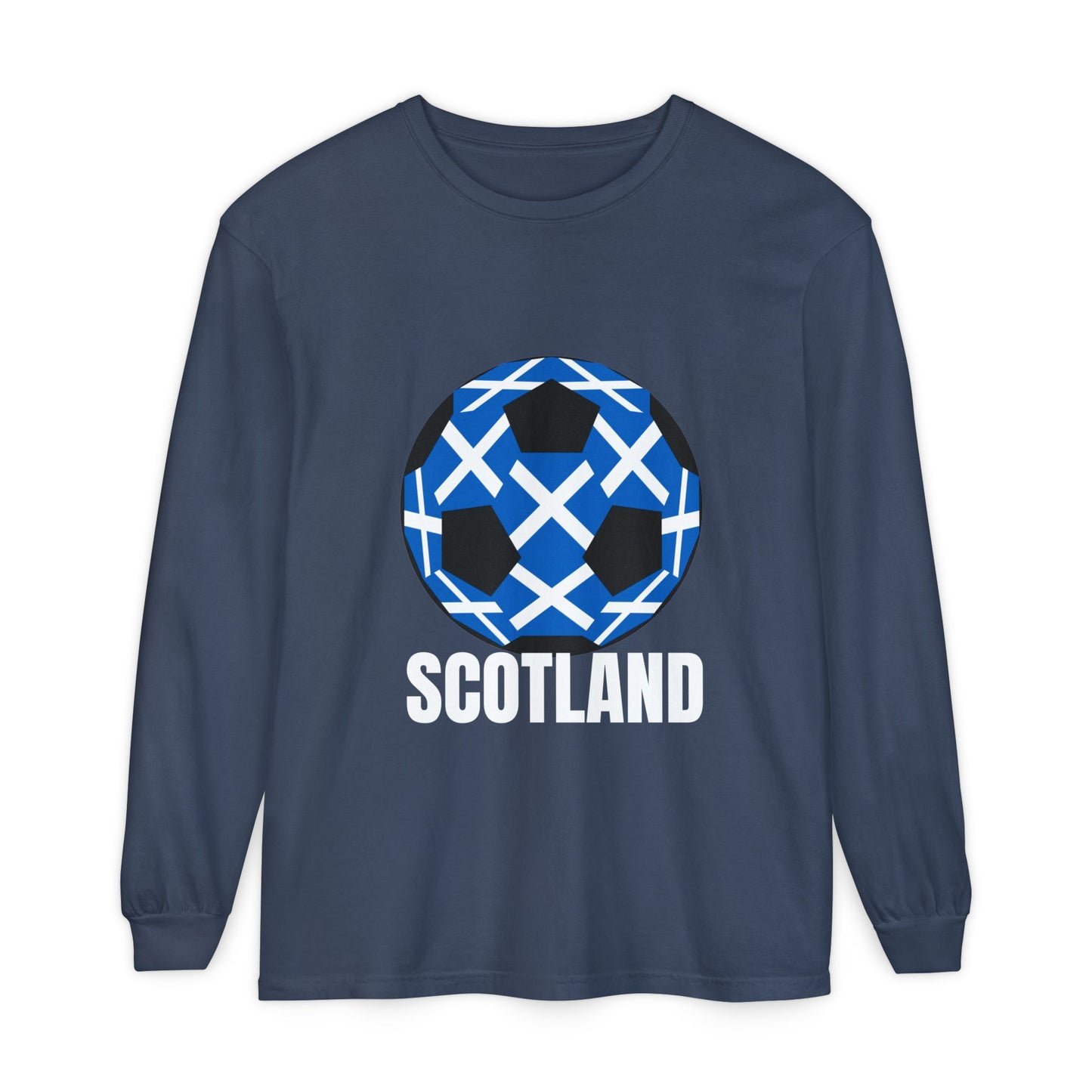 Scotland Fan Specialty Soccer Ball Design T Shirt Long Sleeve Tee White Text