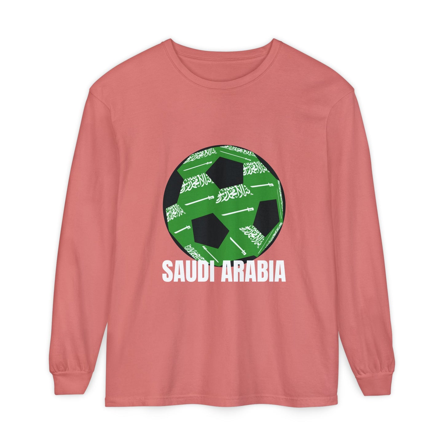 Saudi Arabia Fan Specialty Soccer Ball Design T Shirt Long Sleeve Tee White Text