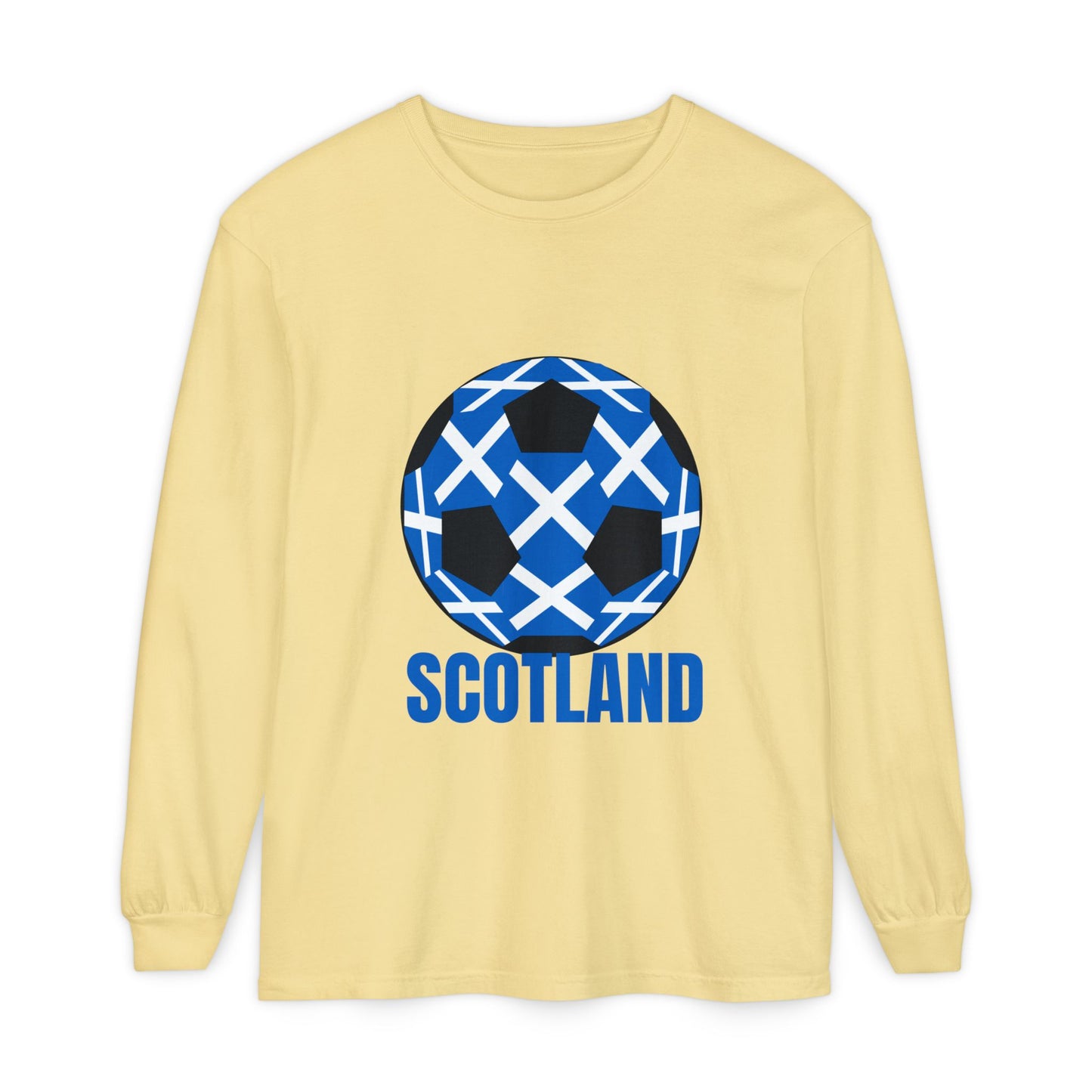 Scotland Fan Specialty Soccer Ball Design T Shirt Long Sleeve Tee Blue Text