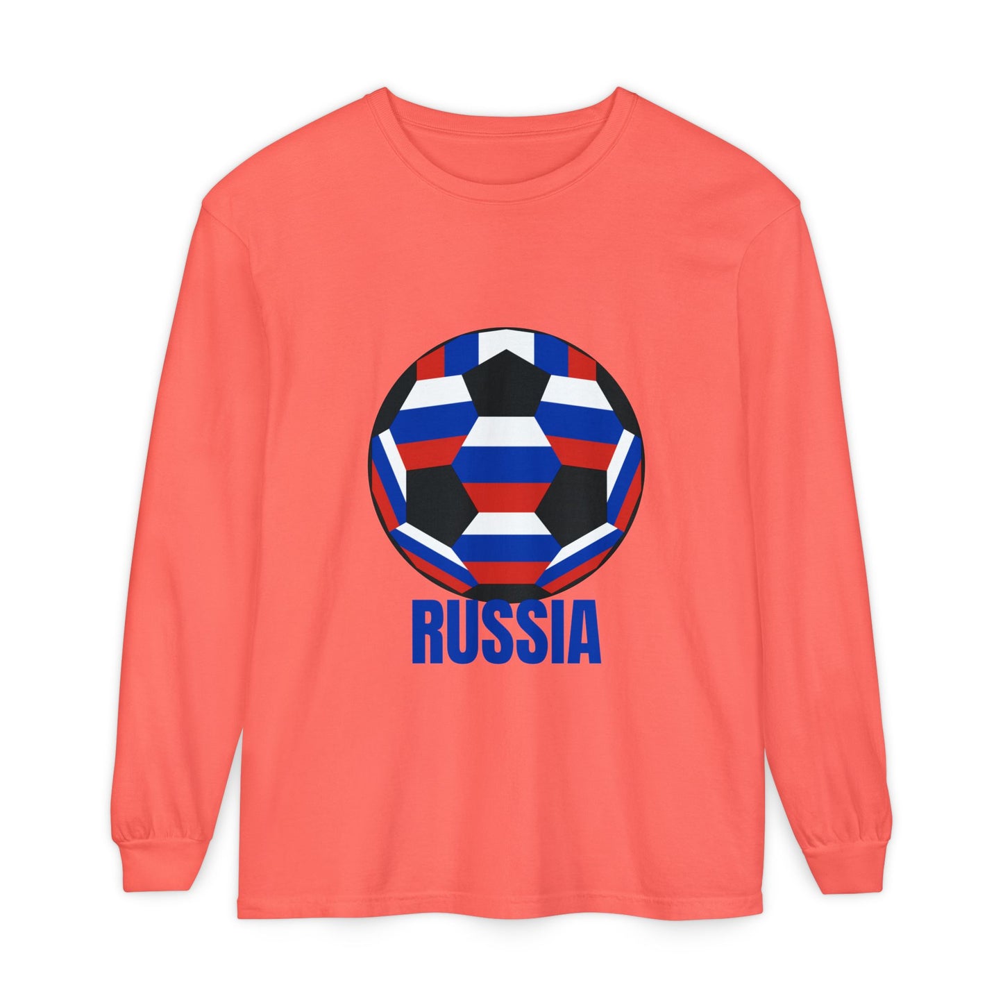 Russia Fan Specialty Soccer Ball Design T Shirt Long Sleeve T-Shirt Blue Text
