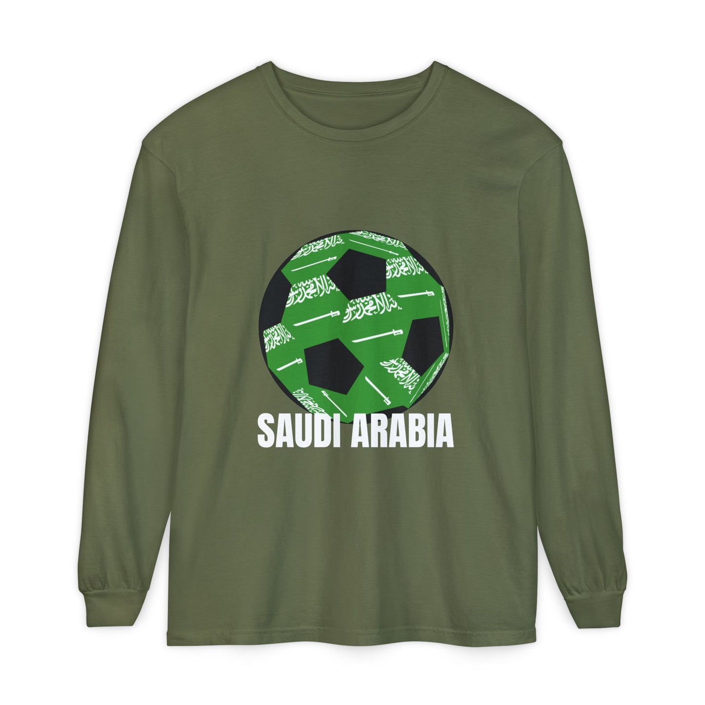 Saudi Arabia Fan Specialty Soccer Ball Design T Shirt Long Sleeve Tee White Text