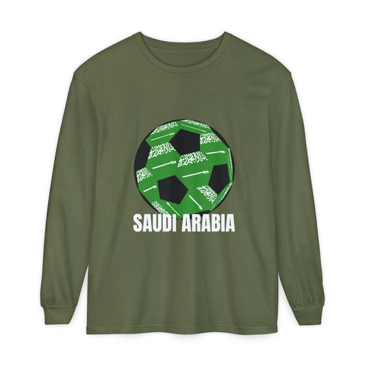 Saudi Arabia Fan Specialty Soccer Ball Design T Shirt Long Sleeve Tee White Text