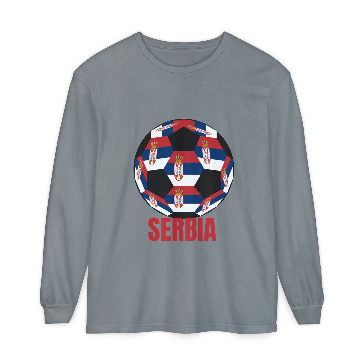 Serbia Fan Specialty Soccer Ball Design T Shirt Long Sleeve Tee Red Text