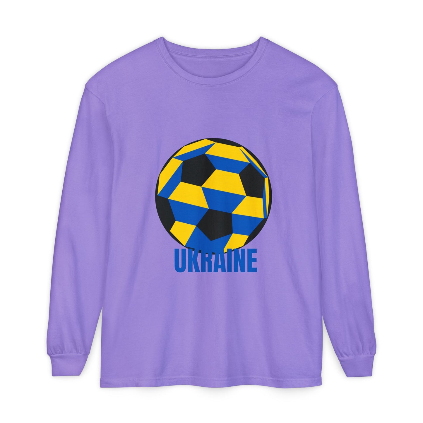Ukraine Fan Specialty Soccer Ball Design Long Sleeve Tee Blue Text