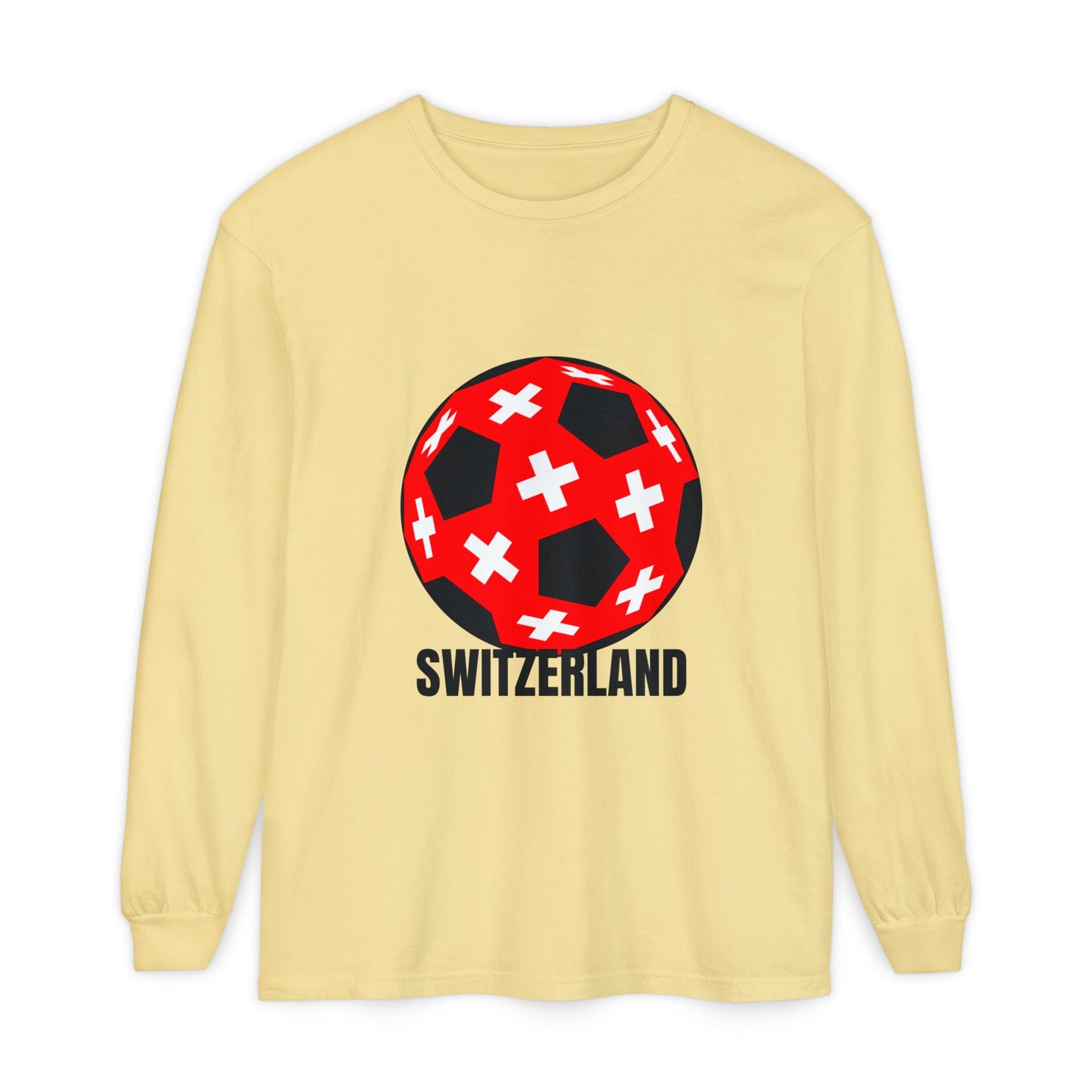 Switzerland Fan Specialty Soccer Ball Design T Shirt Long Sleeve Tee Black Text