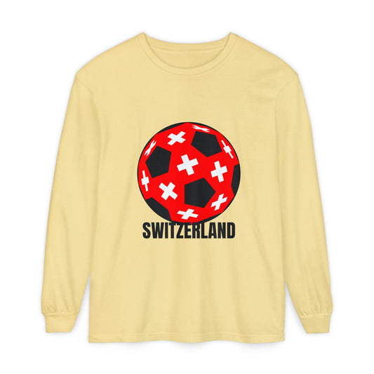 Switzerland Fan Specialty Soccer Ball Design T Shirt Long Sleeve Tee Black Text