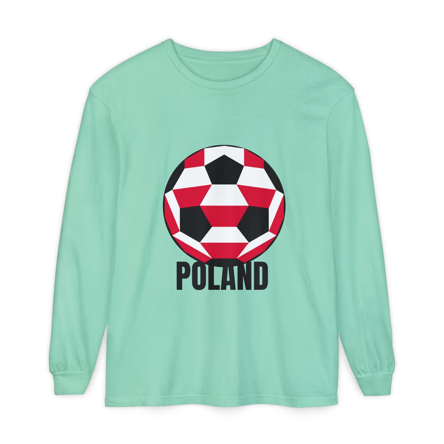 Poland Fan Specialty Soccer Ball Design T Shirt Long Sleeve Shirt Black Text