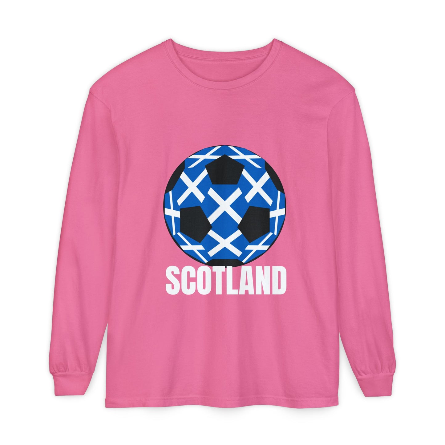 Scotland Fan Specialty Soccer Ball Design T Shirt Long Sleeve Tee White Text