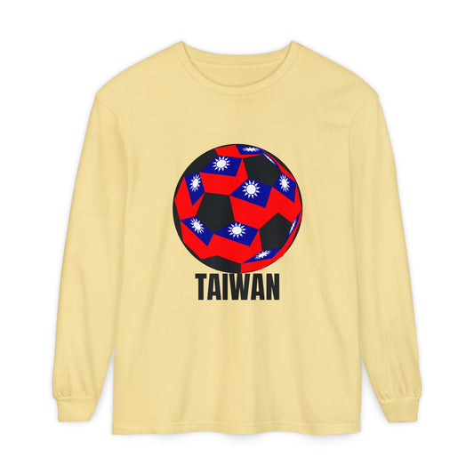 Taiwan Flag Soccer Ball Long Sleeve Tee Black Text