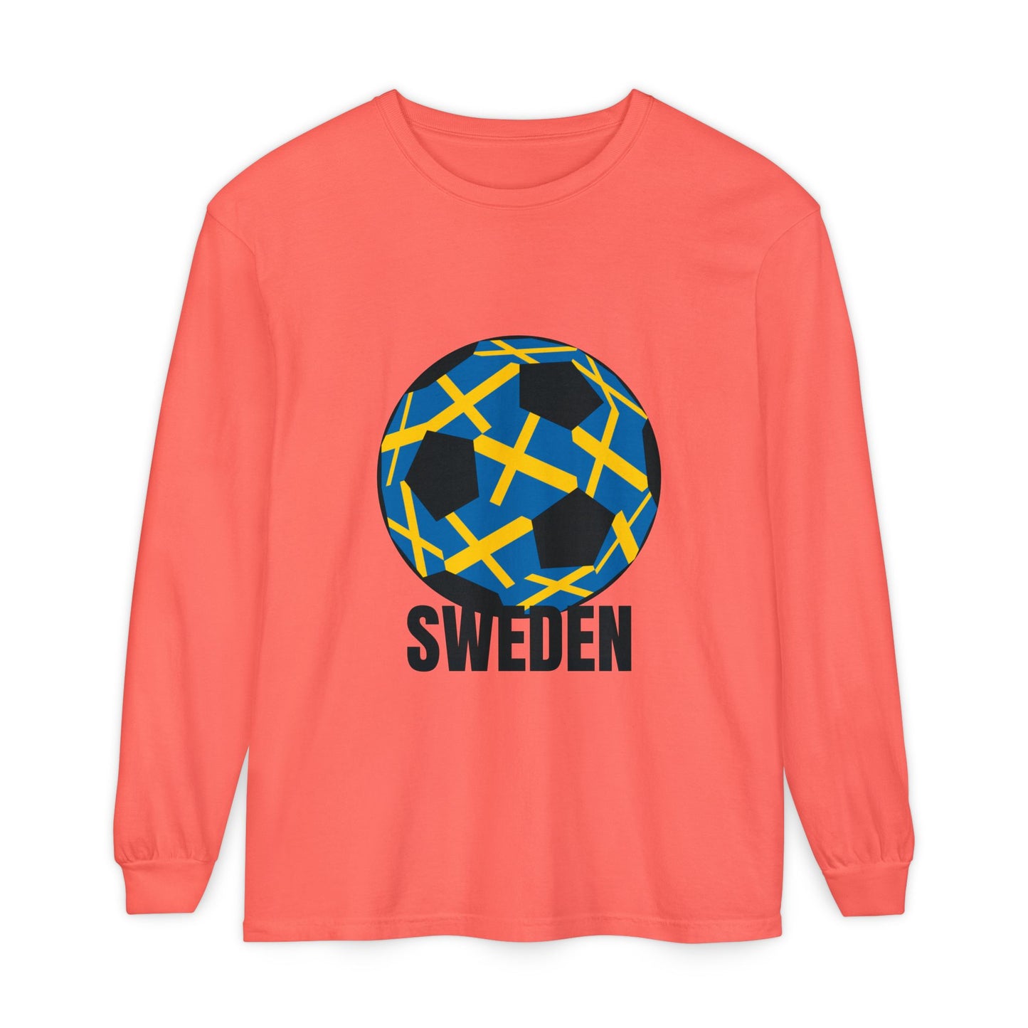 Sweden Fan Specialty Soccer Ball Design Long Sleeve Tee Black Text