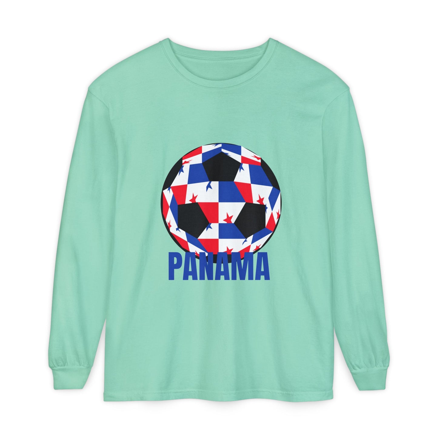 Panama Fan Specialty Soccer Ball Design T Shirt Long Sleeve T-Shirt blue Text