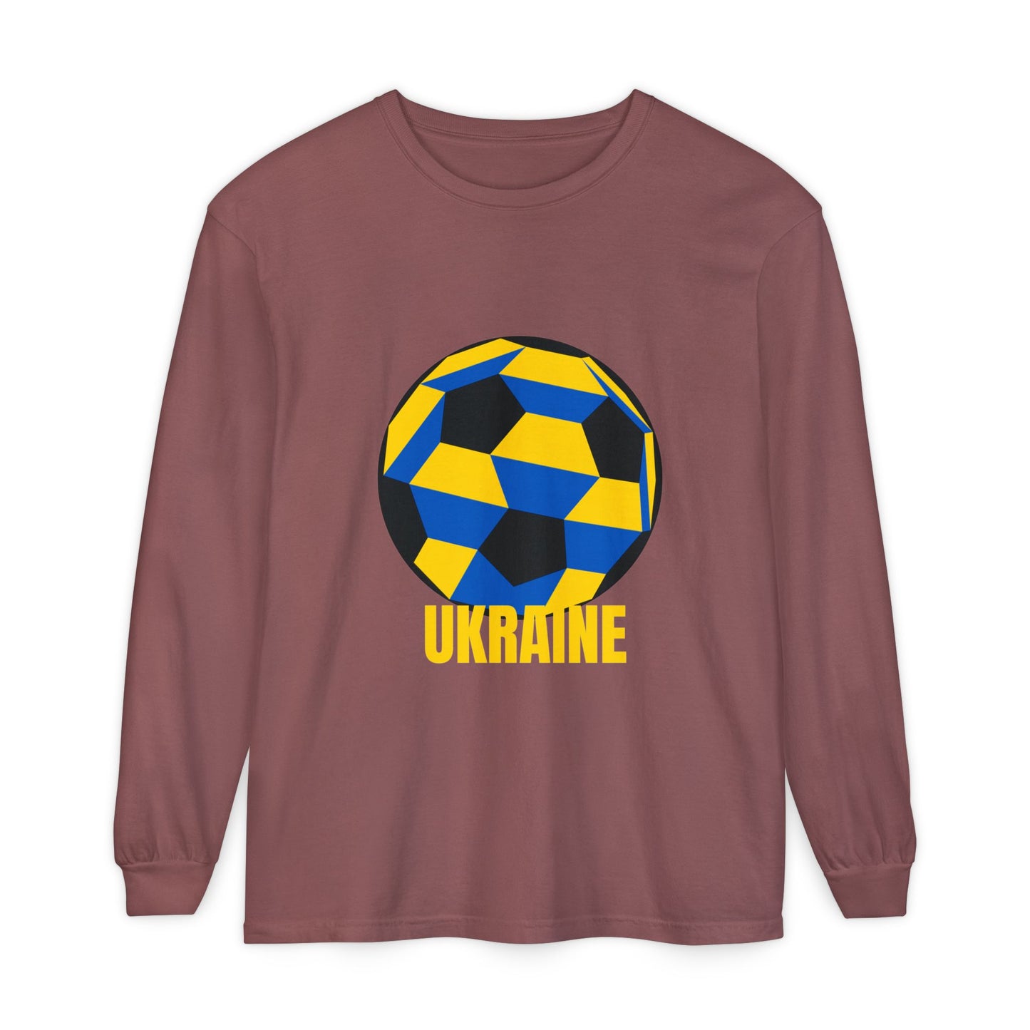 Ukraine Fan Specialty Soccer Ball Design Long Sleeve Tee Yellow Text