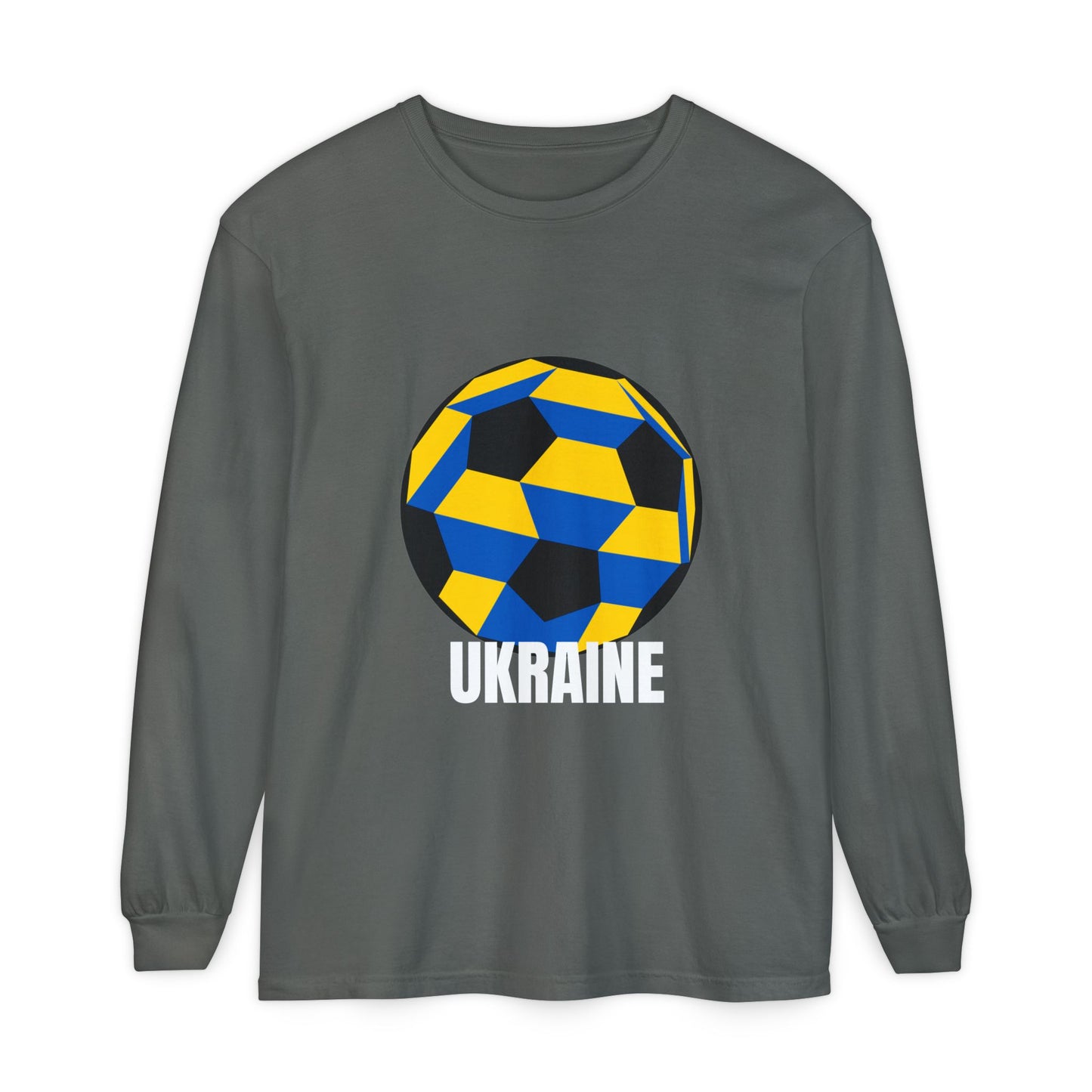 Ukraine Fan Specialty Soccer Ball Design Long Sleeve Tee White Text