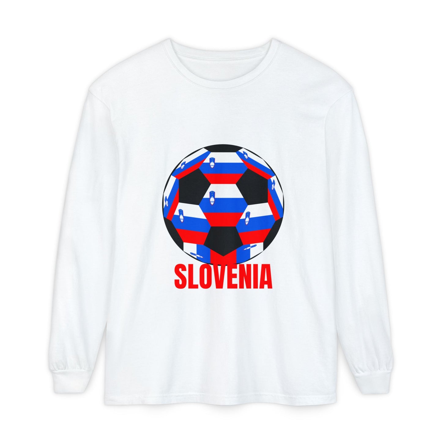 Slovenia Fan Specialty Soccer Ball Design Long Sleeve Shirt Red Text