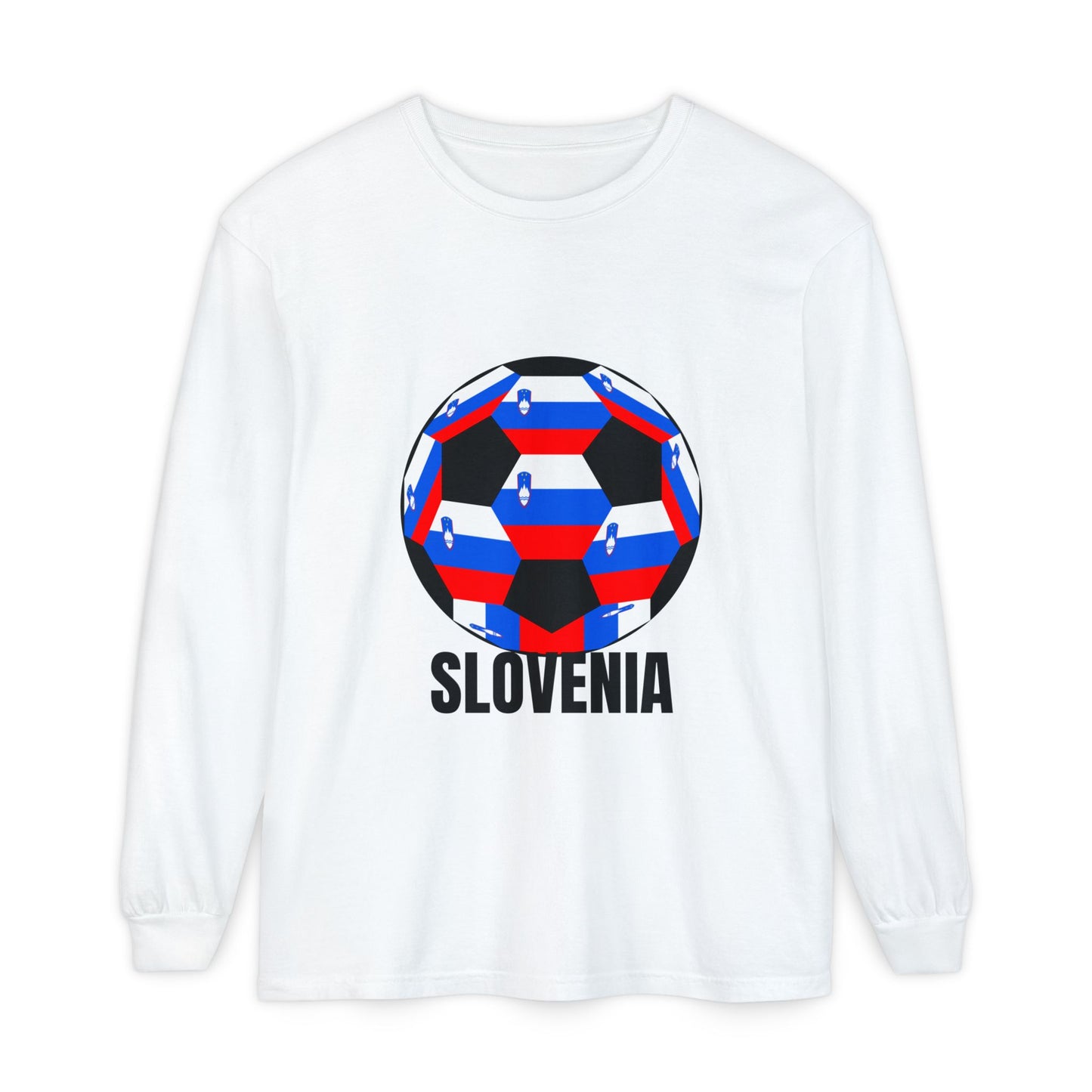 Slovenia Fan Specialty Soccer Ball Design Long Sleeve Tee Black Text