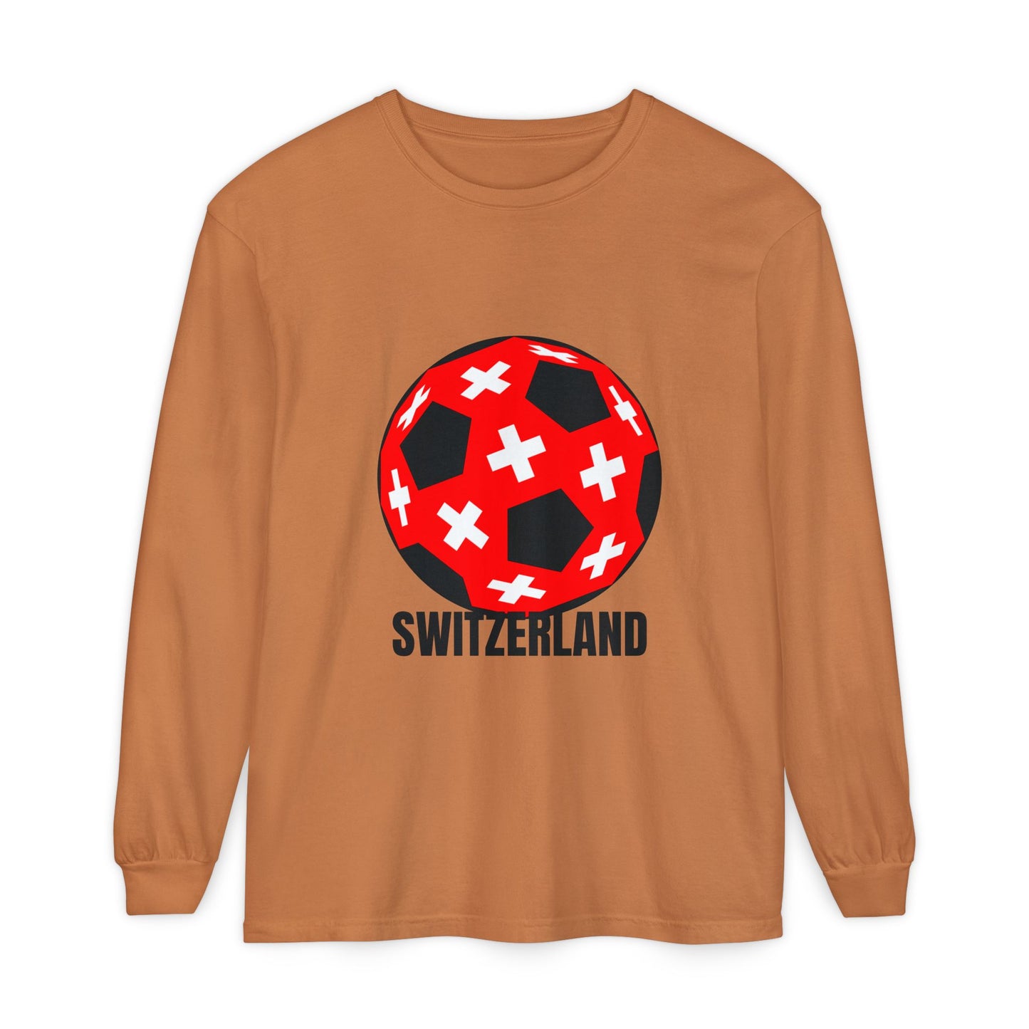 Switzerland Fan Specialty Soccer Ball Design T Shirt Long Sleeve Tee Black Text