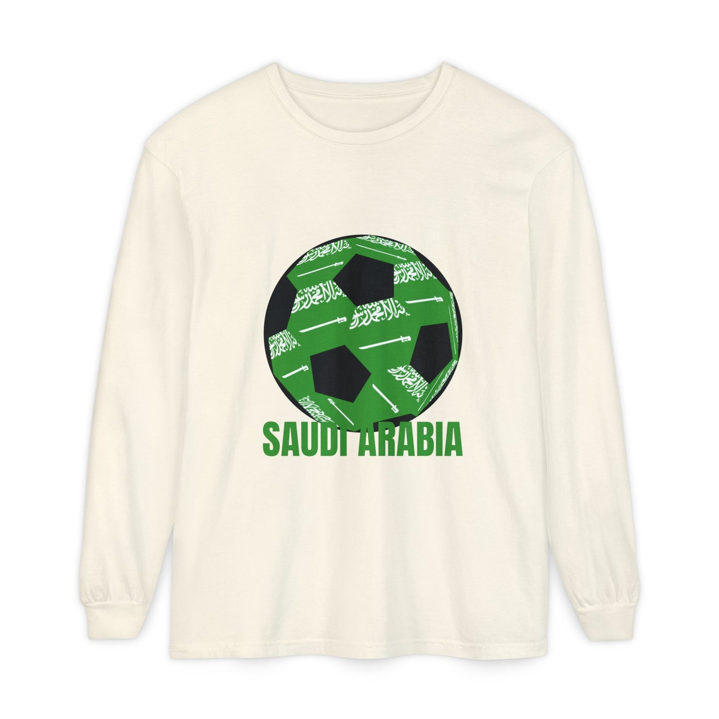 Saudi Arabia Fan Specialty Soccer Ball Design T Shirt Long Sleeve Tee Green Text