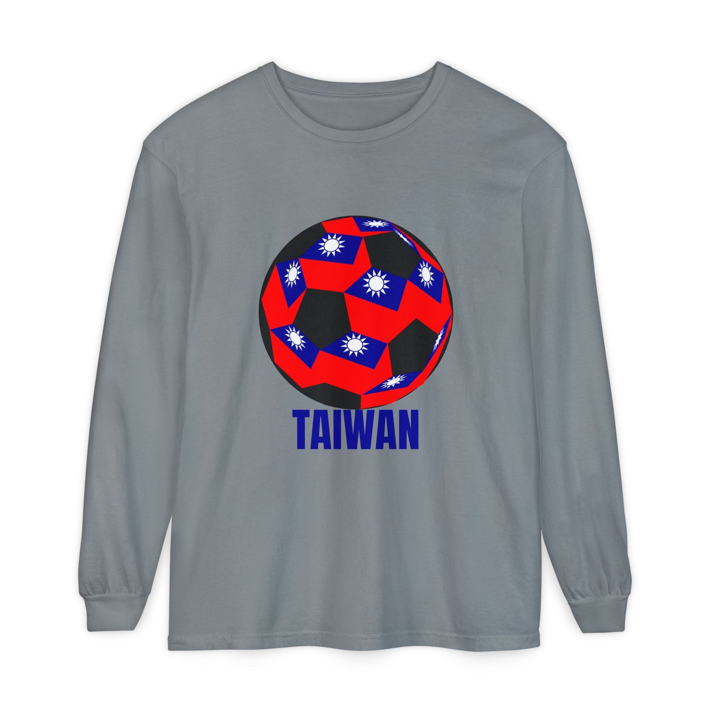 Taiwan Flag Design Soccer Ball Long Sleeve Tee Blue Text