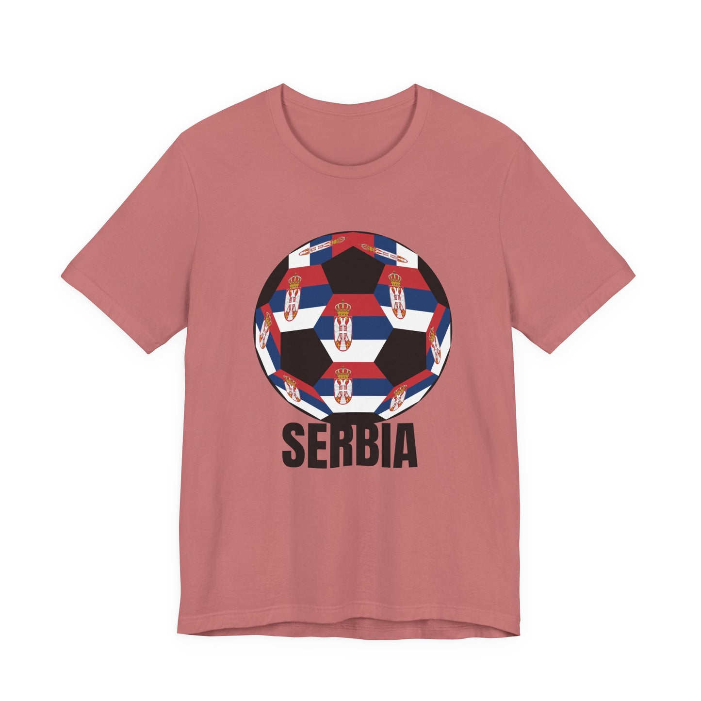Serbia Fan Specialty Soccer Ball Design T Shirt Black Text