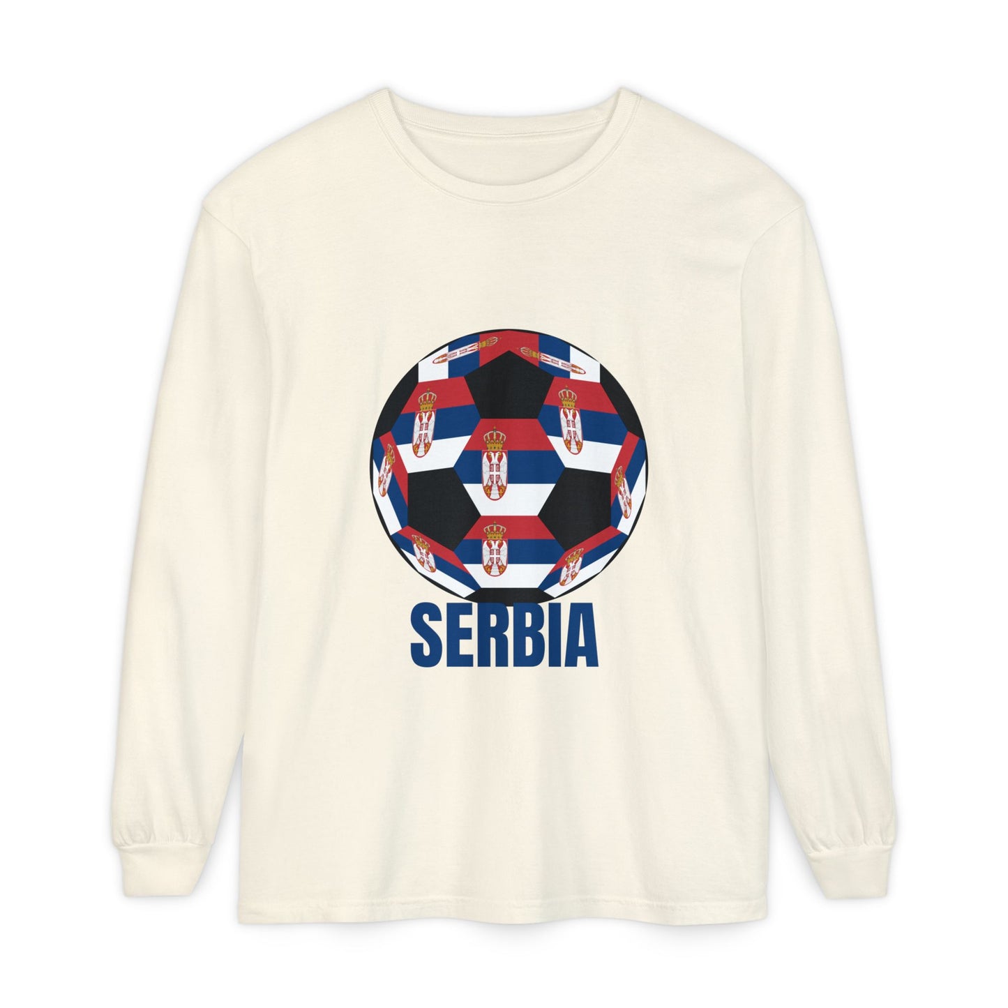 Serbia Fan Specialty Soccer Ball Design T Shirt Long Sleeve Shirt Blue Text