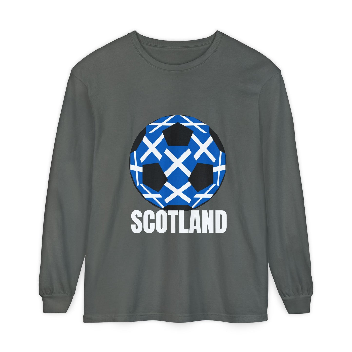 Scotland Fan Specialty Soccer Ball Design T Shirt Long Sleeve Tee White Text
