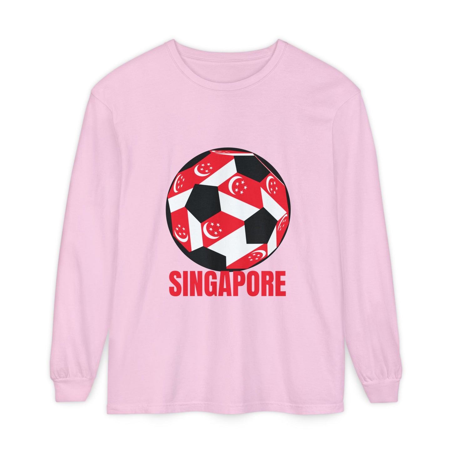 Singapore Fan Specialty Soccer Ball Design T ShirtLong Sleeve Tee Red Text
