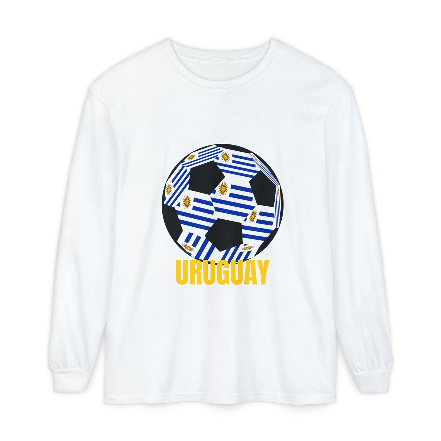 Uruguay Fan Specialty Soccer Ball Design Long Sleeve T Shirt Gold Text