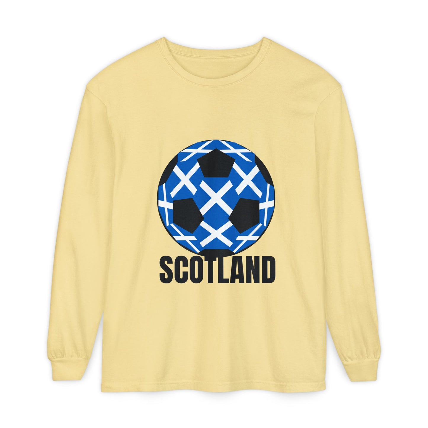 Scotland Fan Specialty Soccer Ball Design T Shirt Long Sleeve Tee Black Text