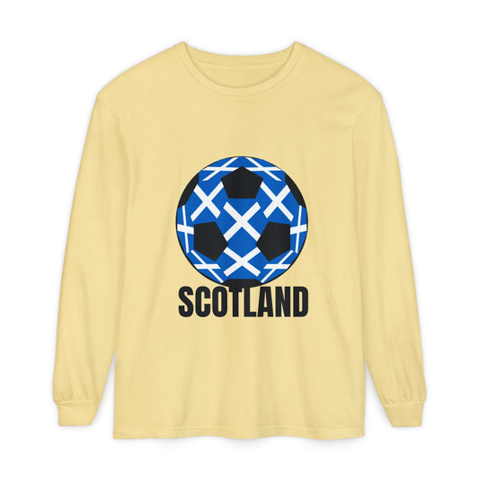 Scotland Fan Specialty Soccer Ball Design T Shirt Long Sleeve Tee Black Text