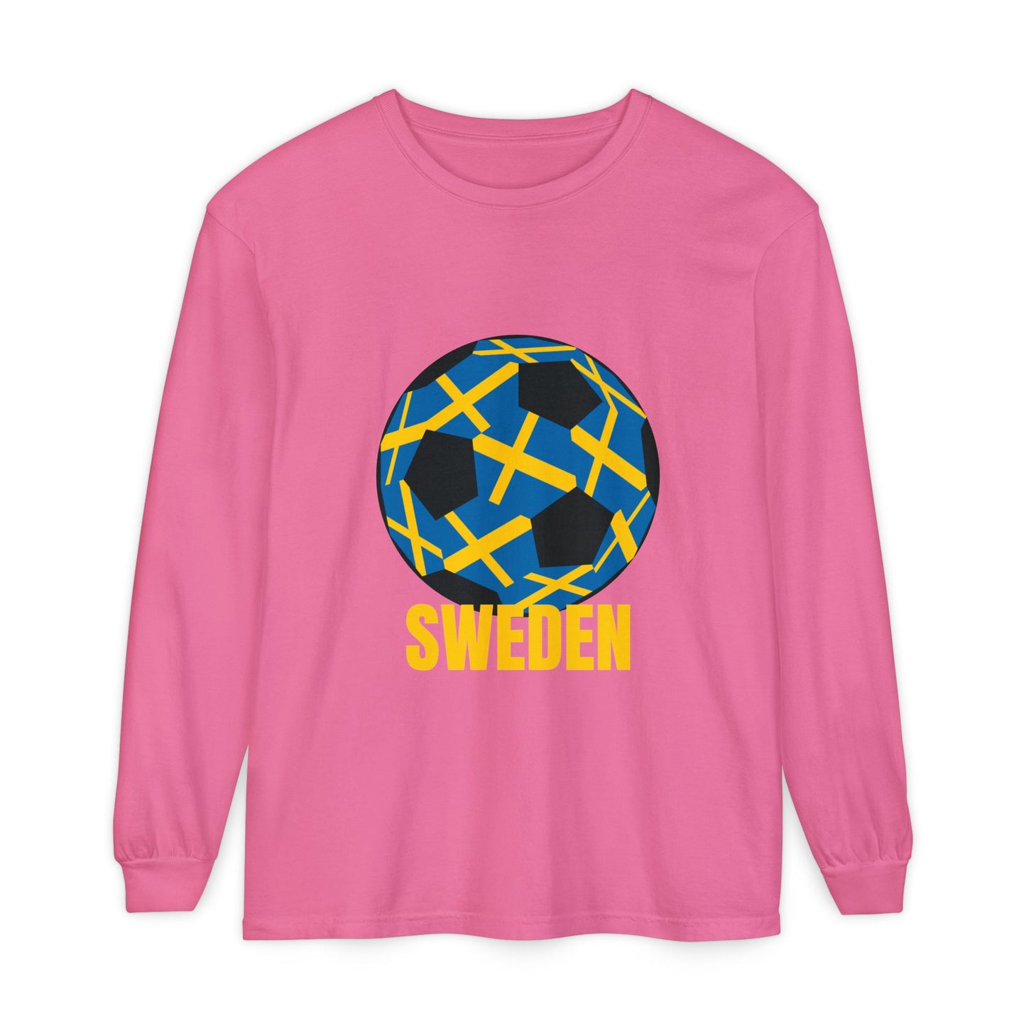 Sweden Fan Specialty Soccer Ball Design T Shirt  Long Sleeve Tee Gold Text