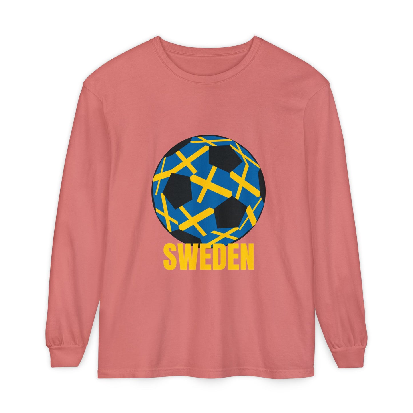 Sweden Fan Specialty Soccer Ball Design T Shirt  Long Sleeve Tee Gold Text
