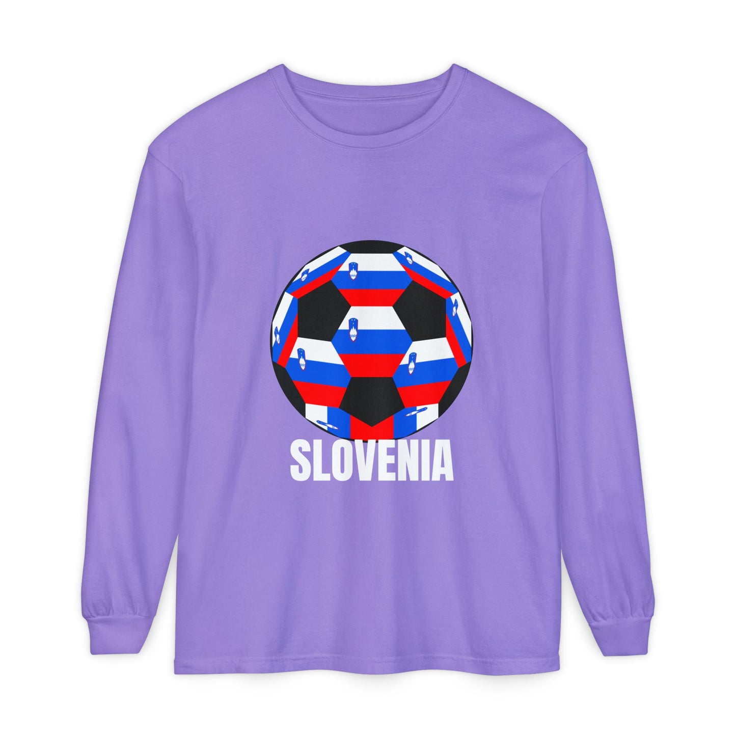 Slovenia Fan Specialty Soccer Ball Design T Shirt Long Sleeve Shirt White Text
