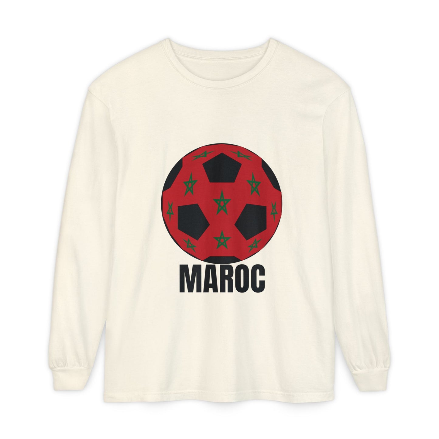 Morocco Maroc Fan Specialty Soccer Ball Design T Shirt Long Sleeve Tee Black Text