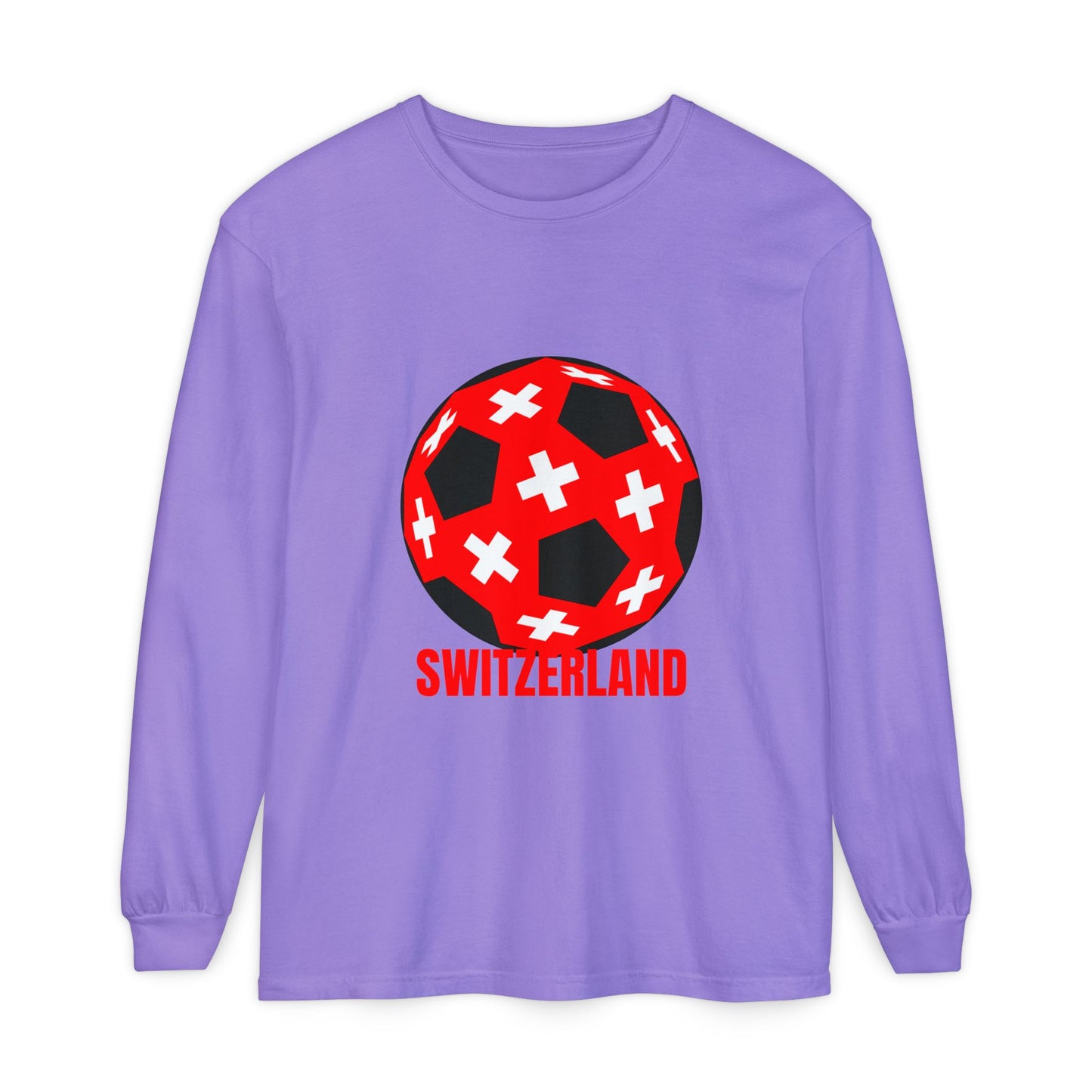 Switzerland Fan Specialty Soccer Ball Design T Shirt Long Sleeve Tee Red Text