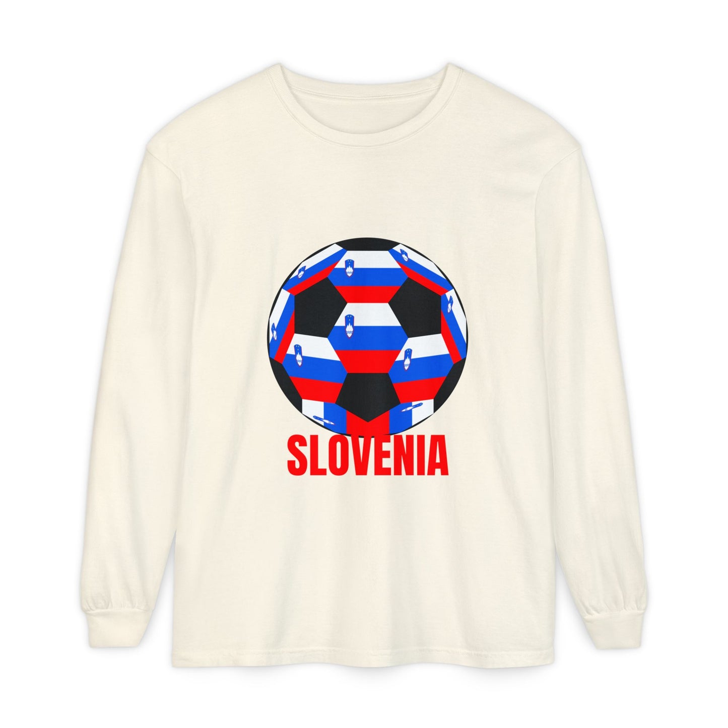Slovenia Fan Specialty Soccer Ball Design Long Sleeve Shirt Red Text