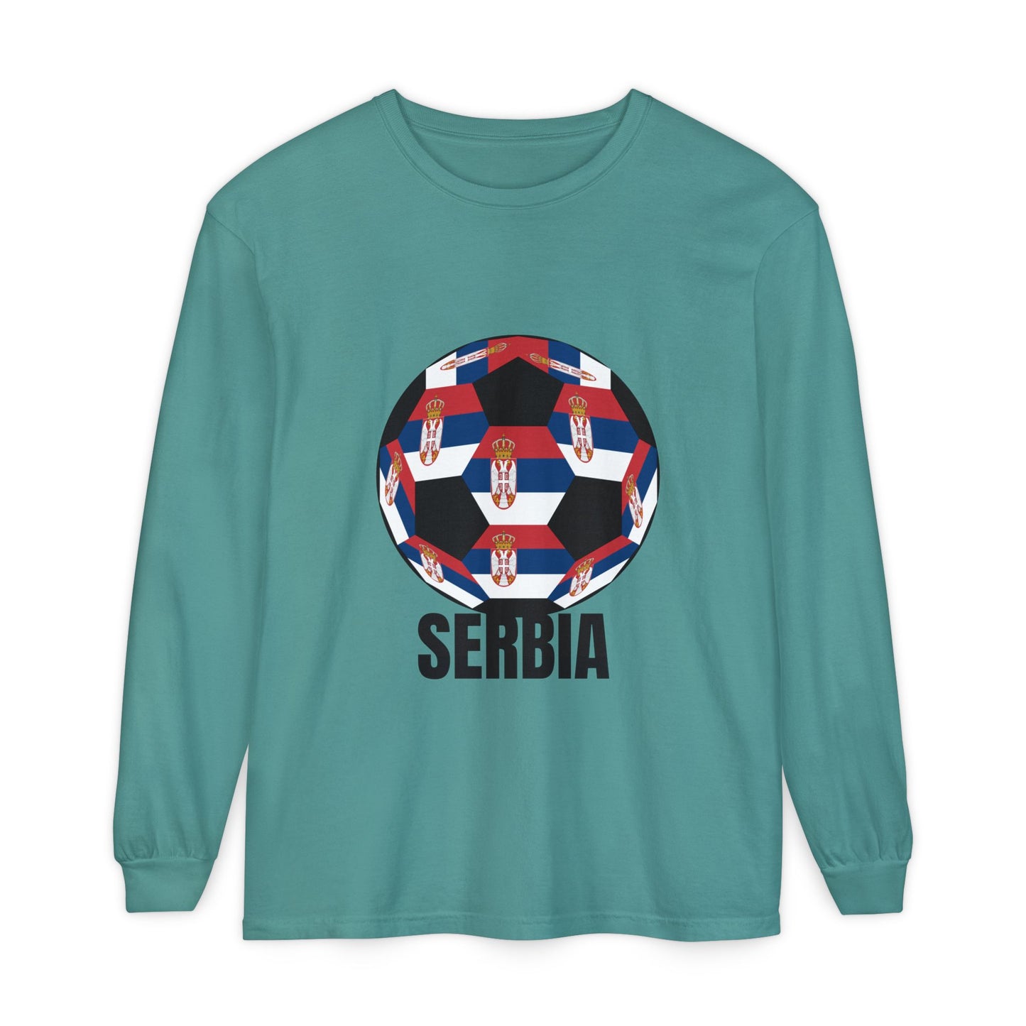 Serbia Fan Specialty Soccer Ball Design T Shirt Long Sleeve Tee Black Print