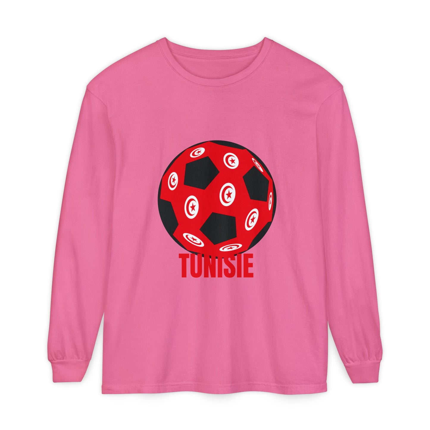 Tunisie Fan Specialty Soccer Ball Design T Shirt Long Sleeve Tee Red Text