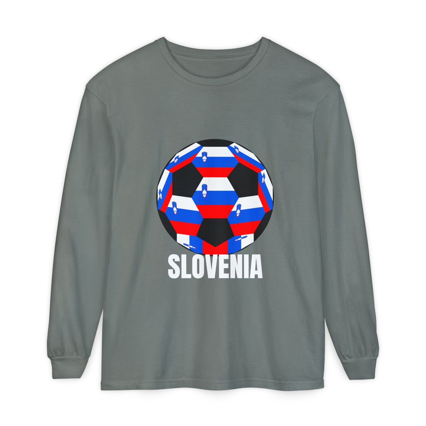 Slovenia Fan Specialty Soccer Ball Design T Shirt Long Sleeve Shirt White Text
