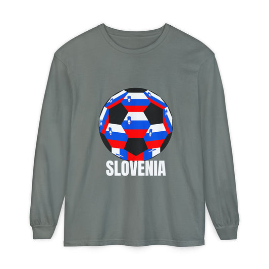 Slovenia Fan Specialty Soccer Ball Design T Shirt Long Sleeve Shirt White Text