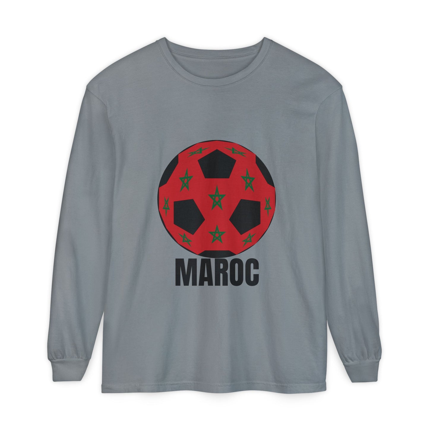 Morocco Maroc Fan Specialty Soccer Ball Design T Shirt Long Sleeve Tee Black Text