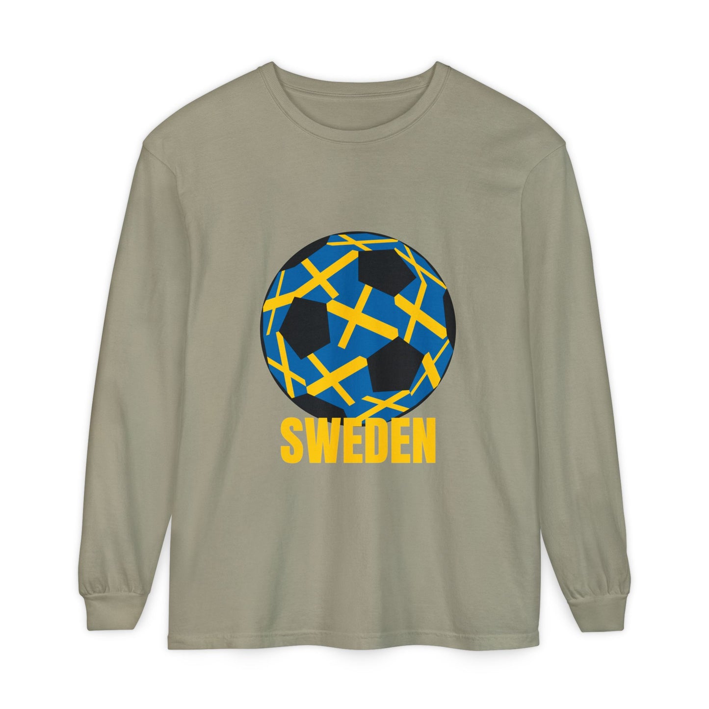 Sweden Fan Specialty Soccer Ball Design T Shirt  Long Sleeve Tee Gold Text